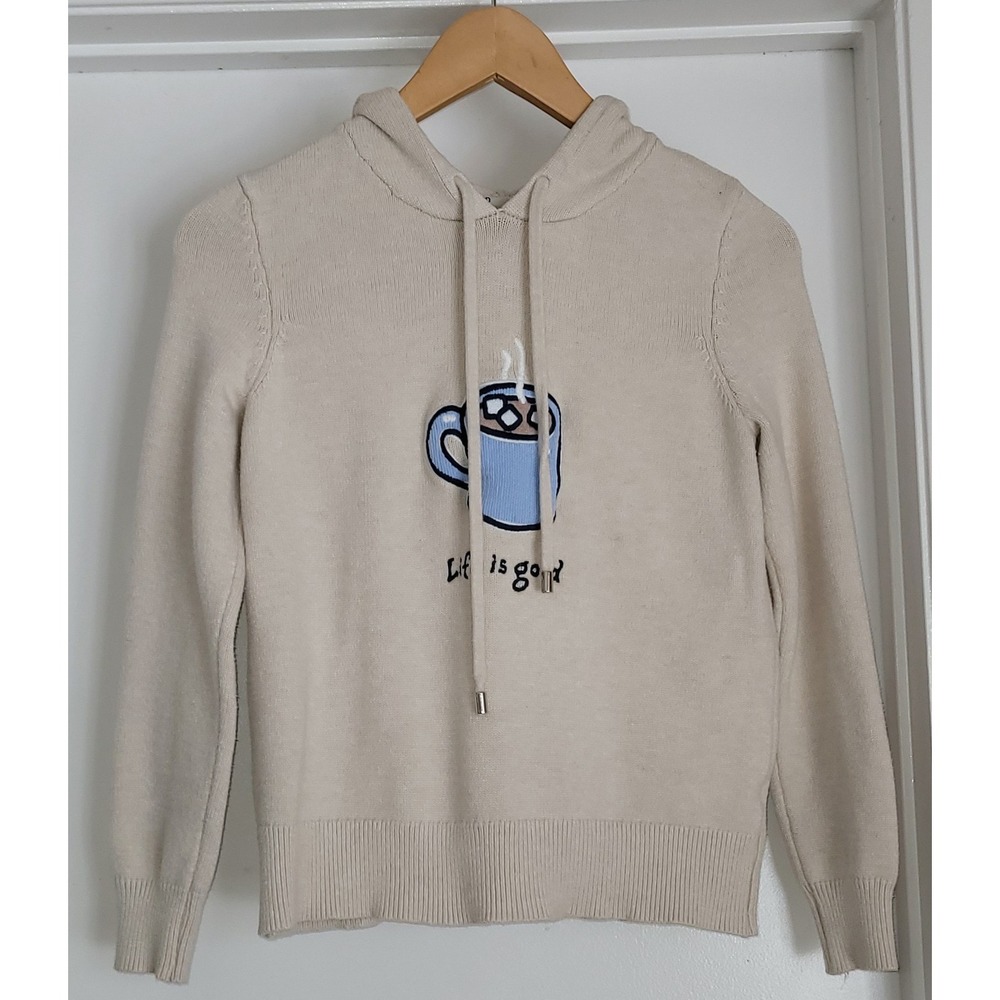 Life is Good Women's Hoodie XS Pullover Casual Beige Hot Chocolate Cozy